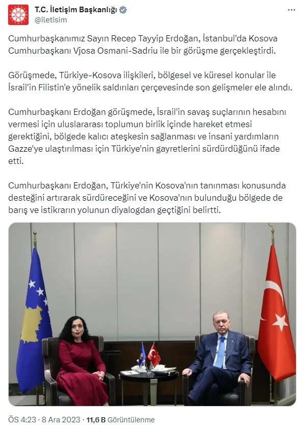 Başkan Erdoğan Kosova Cumhurbaşkanı Vjosa Osmani-Sadriu’yi kabul etti: Gazze için birlikte hareket edelim