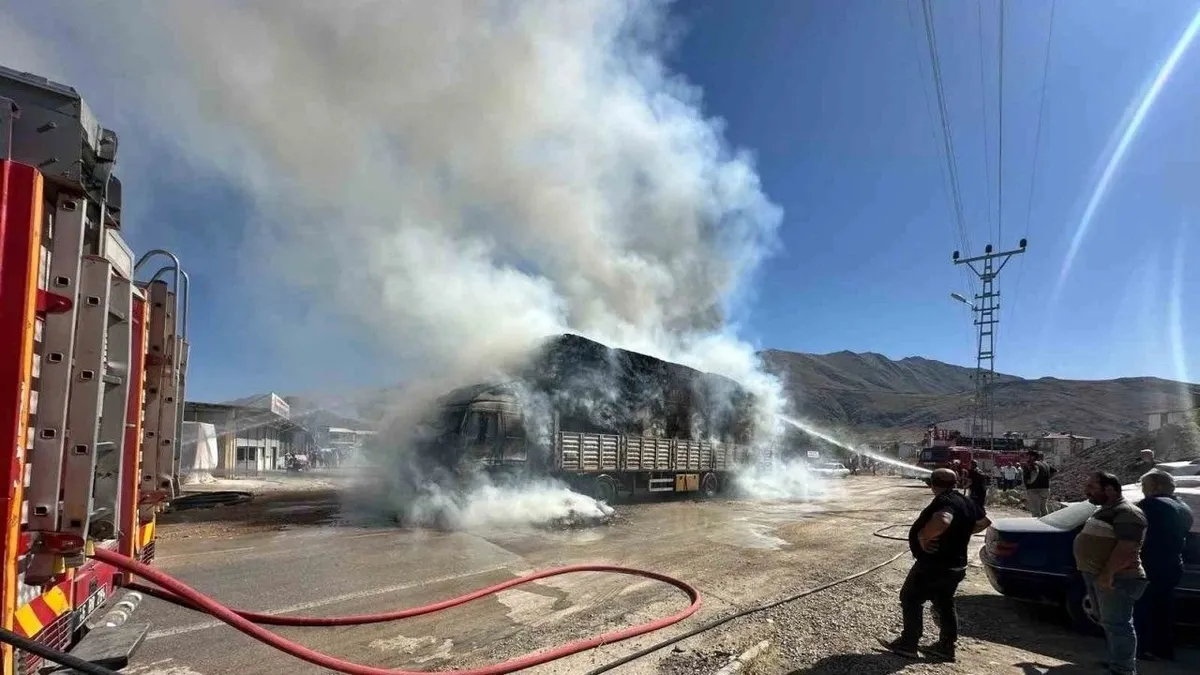 Saman yüklü kamyon elektrik tellerine takıldı, yangın çıktı