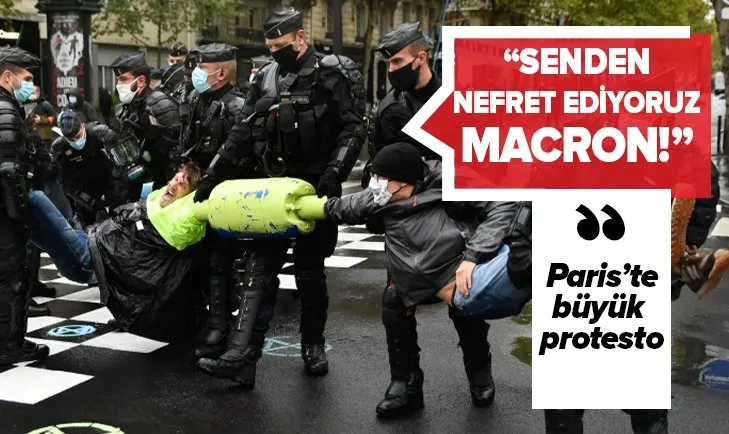 Fransa'da işçi sendikaları ve göçmenlerden protesto: Macron senden tüm kalbimle nefret ediyorum!