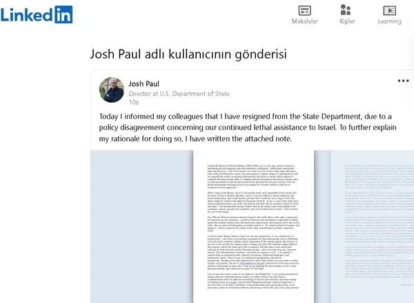 ABD’nin İsrail politikasını eleştiren Dışişleri Bakanlığı yetkilisi Josh Paul istifa etti: ABD geçmişteki hatalarını tekrarlıyor