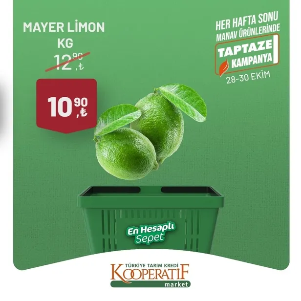 Tarım Kredi Market 30 Ekim indirim kataloğu! Kuru Soğan 5,90 TL, Salatalık 9,75 TL, Limon 10,90 TL, Yerli muz 28,90 TL, Mandalina 12,50 TL satışta…