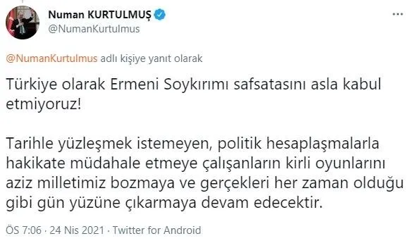 Dışişleri Bakanı Mevlüt Çavuşoğlu’ndan ABD Başkanı Biden’ın soykırım açıklamasına yanıt