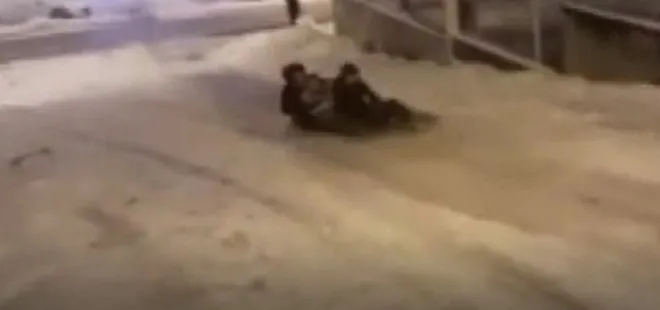 Giresun’da mahalle arasında poşetle kayak keyfi kazayla bitti