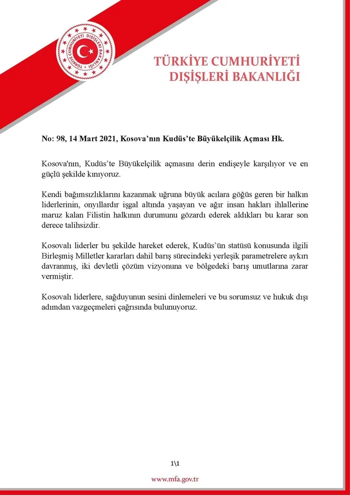 Dışişleri Bakanlığından Kudüs’e büyükelçilik açan Kosova’ya kınama
