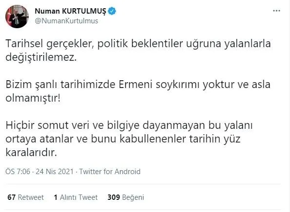 Dışişleri Bakanı Mevlüt Çavuşoğlu’ndan ABD Başkanı Biden’ın soykırım açıklamasına yanıt