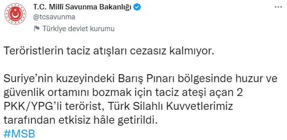 1668149520383.jpg Son dakika: Suriye'nin kuzeyinde 2 terörist öldürüldü! Taciz atışları cezasız kalmadı - 3