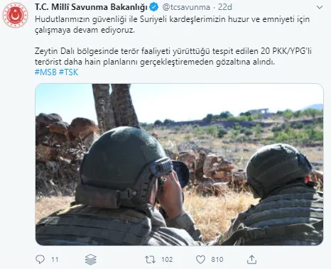Son dakika: MSB duyurdu! Zeytin Dalı bölgesinde PKK/YPG’ye ağır darbe: 20 terörist gözaltına alındı