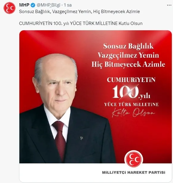 MHP lideri Devlet Bahçeli’den Cumhuriyet’in 100. yıl dönümü mesajı