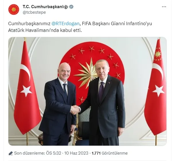 Başkan Erdoğan FIFA Başkanı Gianni Infantino’yu kabul etti