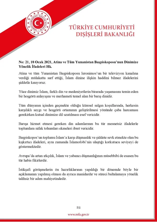 Dışişleri Bakanlığından Atina ve tüm Yunanistan Başpiskoposu leronimos’un İslam’a yönelik ifadelerine sert yanıt