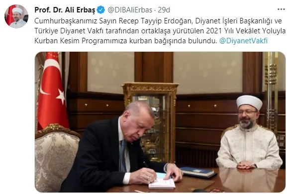 Diyanet İşleri Başkanı Ali Erbaş: Başkan Erdoğan TDV'ye kurban bağışı yaptı - 1