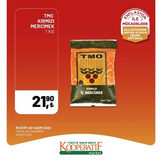 Tarım Kredi Market 30 Ekim indirim kataloğu! Kuru Soğan 5,90 TL, Salatalık 9,75 TL, Limon 10,90 TL, Yerli muz 28,90 TL, Mandalina 12,50 TL satışta…