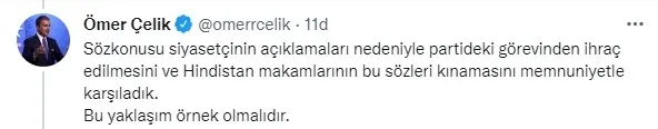 AK Parti Sözcüsü Ömer Çelik'ten Hz. Peygambere hakaret eden Hindistanlı iktidar parti mensubuna tepki - 3
