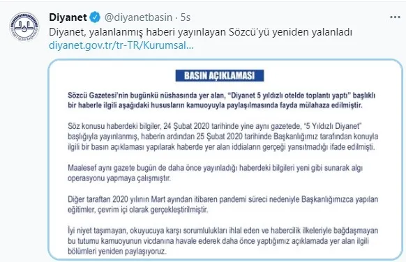 Son dakika: Diyanet İşleri Başkanlığı, Sözcü gazetesinin "Diyanet 5 Yıldızlı Otelde Toplantı Yaptı" haberini yalanladı - 1