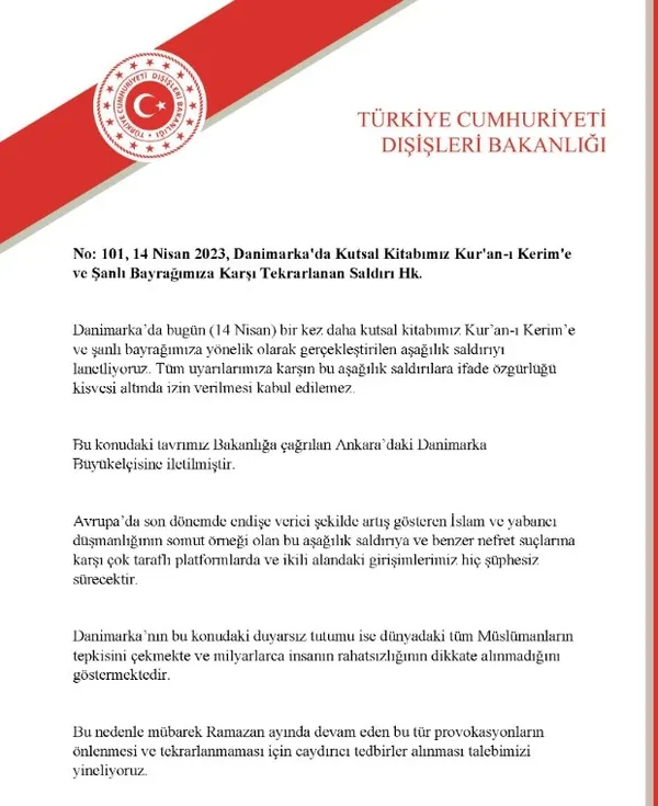 Türk Dışişleri Bakanlığından Danimarka'da Kur'an-ı Kerim'e ve Türk bayrağına saldırıya kınama - 1