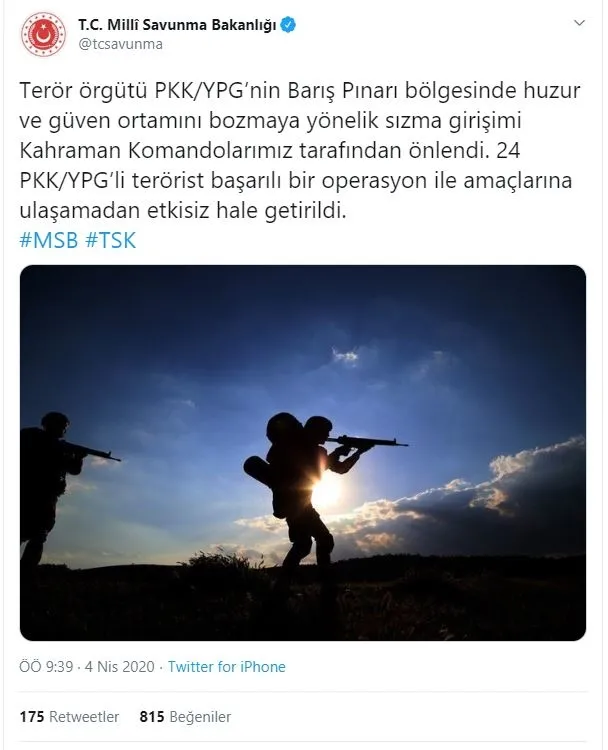 Son dakika: MSB duyurdu: Barış Pınarı bölgesinde sızma girişiminde bulunan 24 terörist etkisiz hale getirildi - 1