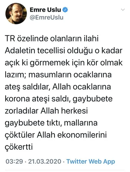 FETÖ’cü Emre Uslu’dan skandal koronavirüs paylaşımı! Sosyal medyadan sert tepki: FETÖVİRÜS budur!
