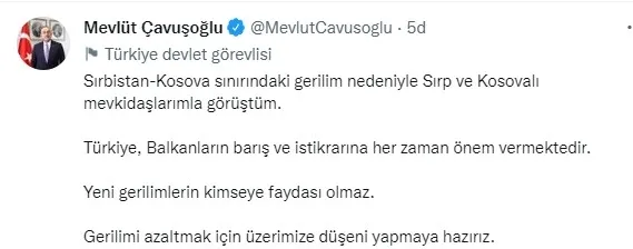 Balkanlar’da gerilim: Bakan Mevlüt Çavuşoğlu Sırbistanlı ve Kosovalı mevkidaşları ile görüştü