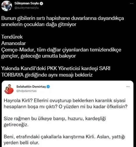 bakan-soyludan-mersin-saldirisini-kinayan-demirtasa-sert-tepki-katil-igrenc-ve-asagiliksin-1664297946619.jpg Bakan Soylu'dan Mersin saldırısını kınayan Demirtaş'a sert tepki: Katil iğrenç ve aşağılıksın