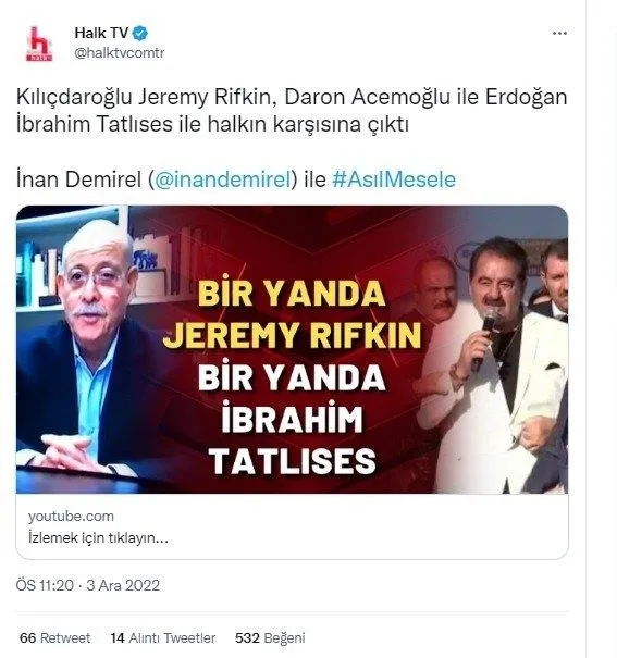 Halk TV İbrahim Tatlıses’i ABD’li Jeremy Rifkin ile kıyasladı! Sosyal medyadan tepki yağdı: Biri ABD kayyumu diğeri bu ülkenin evladı