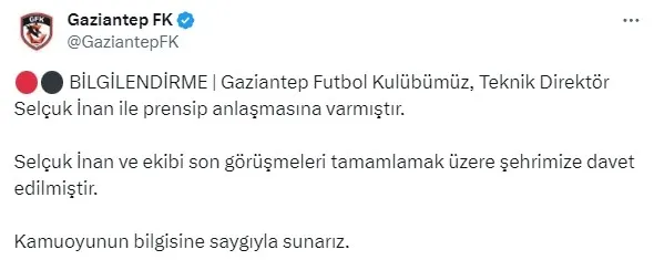 Gaziantep FK teknik direktör Selçuk İnan ile prensipte anlaştı
