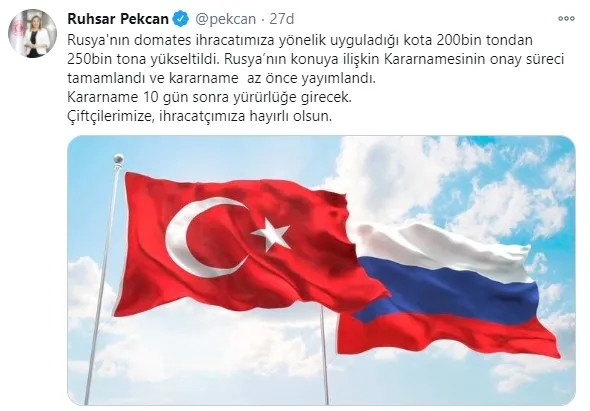 Son dakika: Ticaret Bakanı Ruhsar Pekcan’dan Rusya açıklaması: Domateste kota 250 bin tona yükseltildi