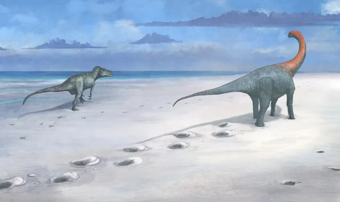 kazi-yapan-maden-iscisi-bilim-insanlarini-soke-etti-neredeyse-bir-zaman-makinesi-kesfi-1736422846735.jpg Birmingham Üniversitesi tarafından yayınlanan, megalosaurus ve cetiosaurus'un ayak izlerini nasıl oluşturduğuna dair bir sanatçı çizimi. Foto: Mark Witton/PA