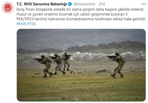 Son dakika haberi | MSB duyurdu: Barış Pınarı bölgesinde 5 PKK-YPG’li öldürüldü