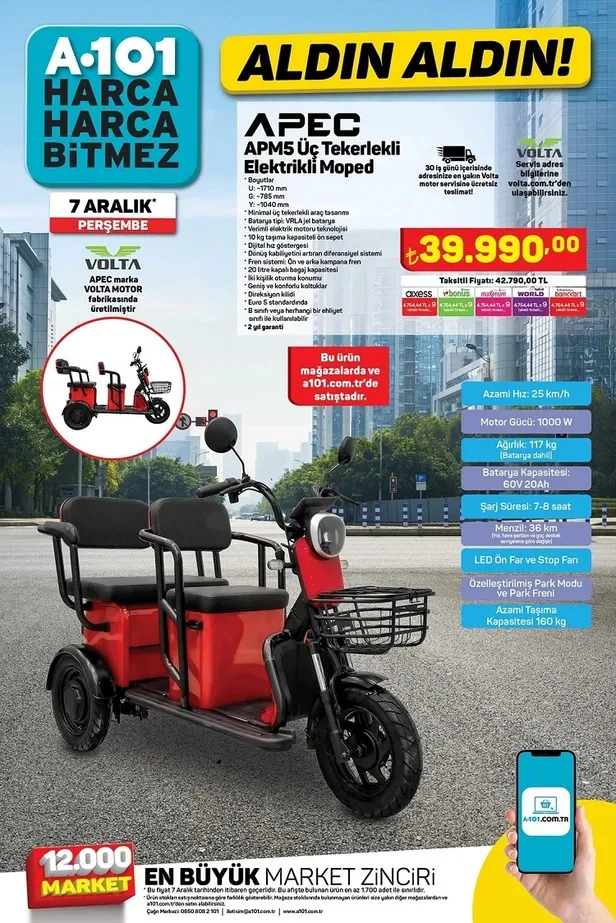 11 Aralık A101 aktüel ürünler kataloğu! Üç Tekerlekli Elektrikli Moped, Flavel Dijital Baskül , Kahve Makinesi, Smart Led TV uygun fiyata satışa sunuluyor