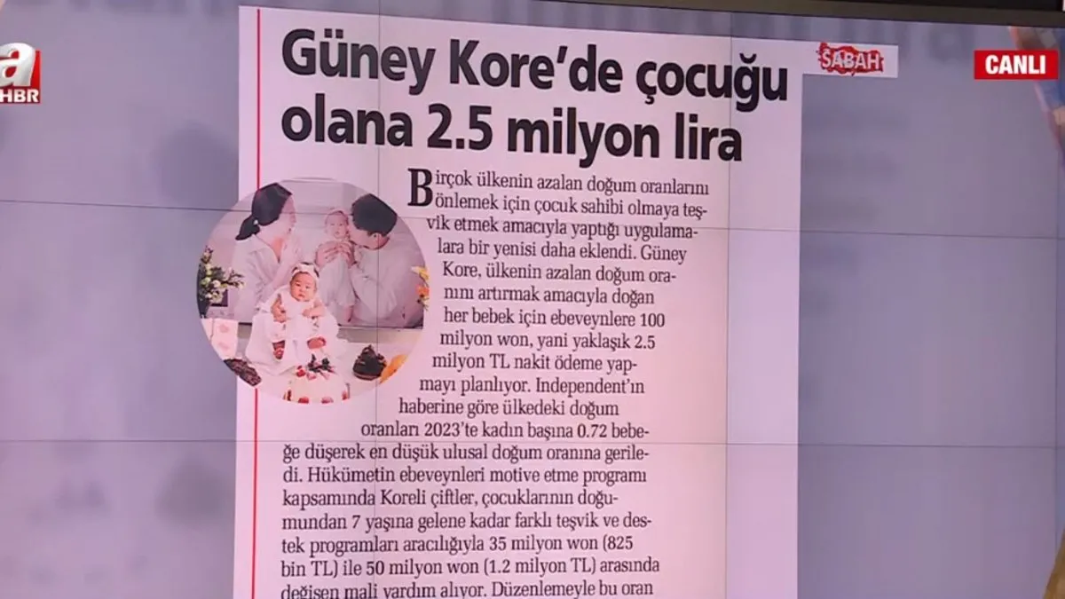 Güney Kore'de çocuğu olana 2.5 milyon lira