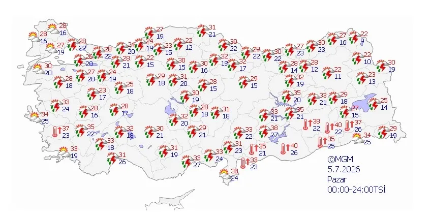 5 Temmuz Pazar hava tahmin haritası