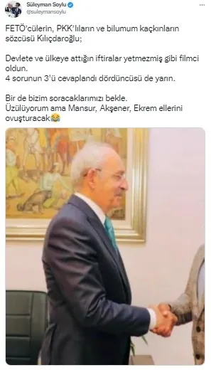 1670519648246.jpg Bakan Soylu'dan Kılıçdaroğlu'nun videosuna fotoğraflı gönderme: Bir de bizim soracaklarımızı bekle - 2