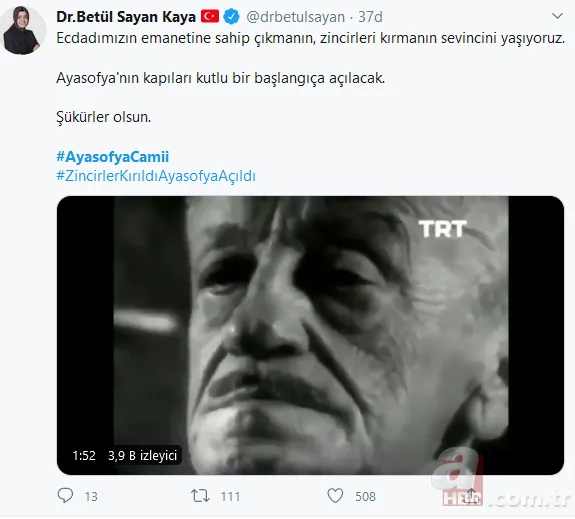 Başkan Erdoğan’ın Ayasofya’yı ibadete açan imzayı atmasının ardından sosyal medyada destek mesajları yaptı