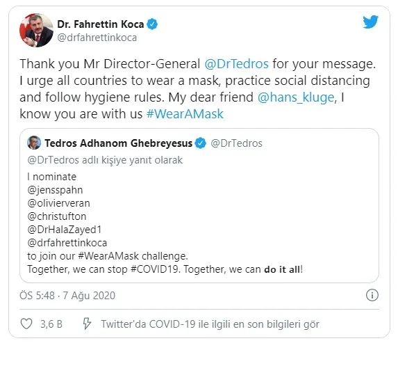 Bakan Koca DSÖ Genel Direktörü Ghebreyesus’un meydan okumasını kabul etti