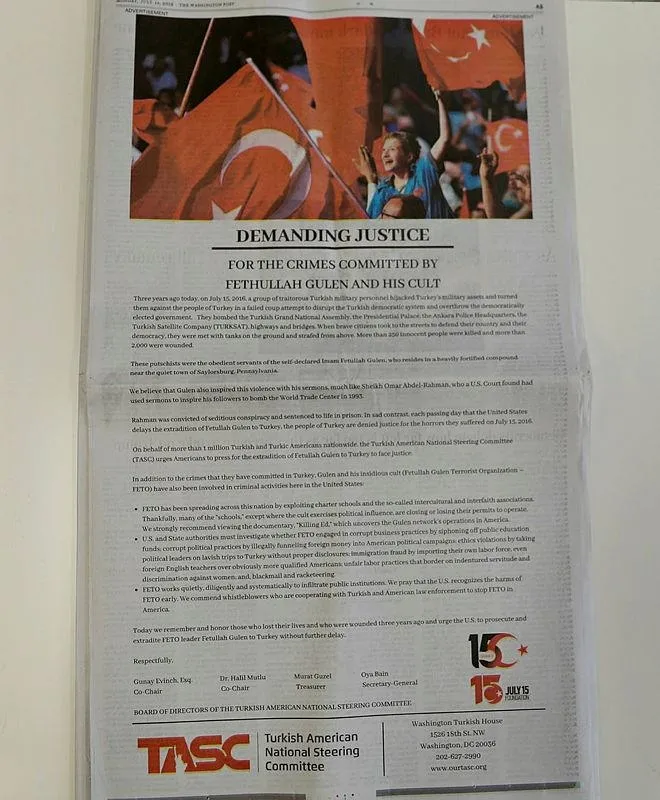 Washington Post gazetesine dikkat çeken "15 Temmuz" ilanı - 2