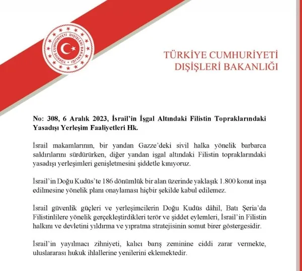 Türk Dışişleri Bakanlığı’ndan İsrail’e yasa dışı yerleşim tepkisi