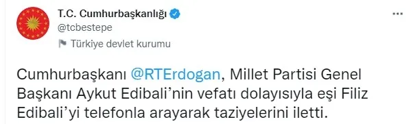 Başkan Erdoğan'dan Millet Partisi Genel Başkanı Edibali'nin ailesine başsağlığı telefonu - 1