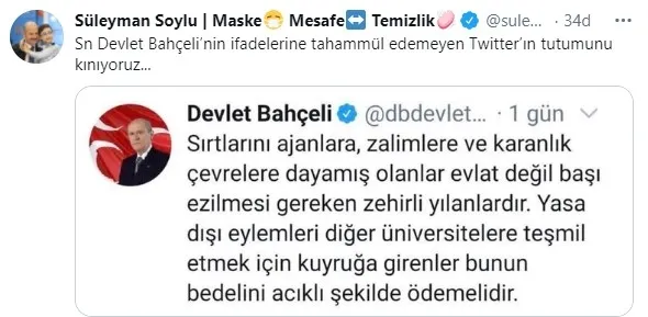 İçişleri Bakanı Süleyman Soylu’dan Twitter’ın Devlet Bahçeli sansürüne kınama