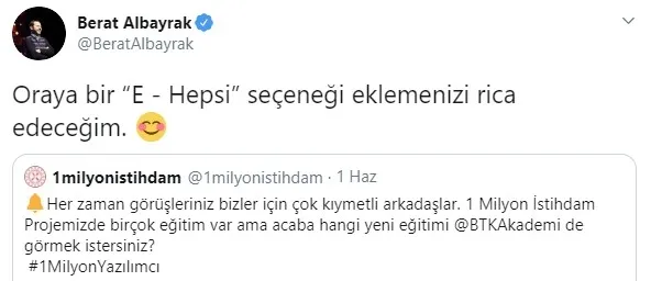 Son dakika: Hazine ve Maliye Bakanı Berat Albayrak'tan 1 milyon istihdam anketine cevap - 1