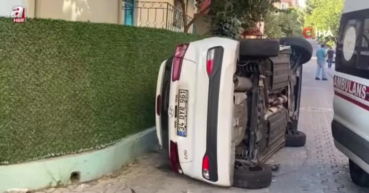 Ataşehir’de otomobil yan yattı