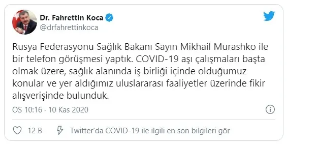 Sağlık Bakanı Fahrettin Koca ile Rusya Sağlık Bakanı Murashko arasında koronavirüs aşısı görüşmesi! - 1