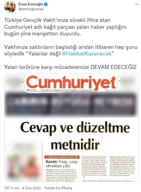 Yalanın merkezi Cumhuriyet Gazetesi’nin algı operasyonu elinde patladı! TÜGVA’yı hedef alan manşetiyle ilgili tekzip metni yayınladı