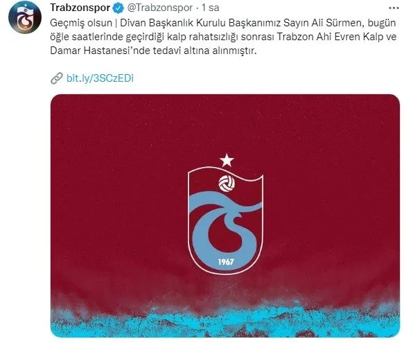 Trabzonspor Kulübü Divan Başkanlık Kurulu Başkanı Ali Sürmen hastaneye kaldırıldı