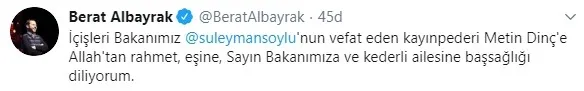 Hazine ve Maliye Bakanı Berat Albayrak’tan Süleyman Soylu’ya başsağlığı mesajı