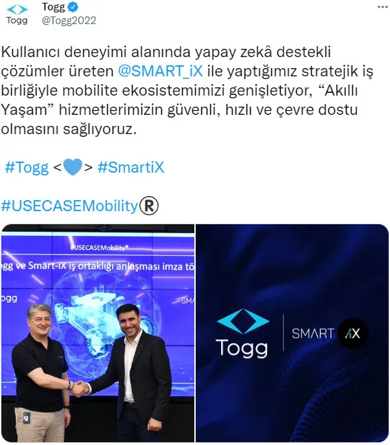Türkiye’nin yerli ve milli otomobili Togg’dan iş ortaklığı anlaşması! Smart_İX ile imzalar atıldı.