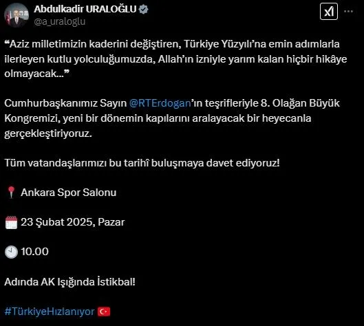 adinda-ak-isiginda-istikbal-bakanlardan-pes-pese-8-olagan-buyuk-kongresi-paylasimi-1740244362002.jpeg Ulaştırma ve Altyapı Bakanı Albdulkadir Uraoğlu'nun paylaşımı (Foto: ahaber.com.tr ekran görüntüsü)