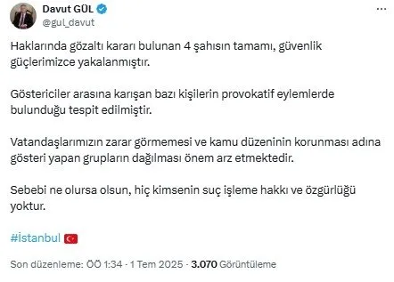 VALİ GÜL: 4 ŞAHSIN TAMAMI YAKALANDI