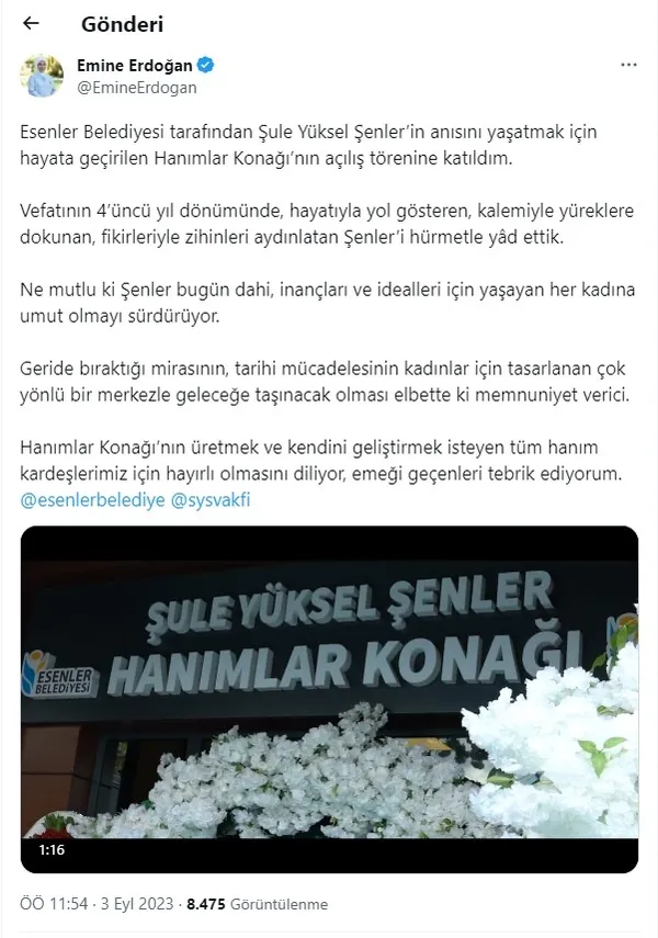 Emine Erdoğan'dan Şule Yüksel Şenler Hanımlar Konağı'na ilişkin paylaşım - 1