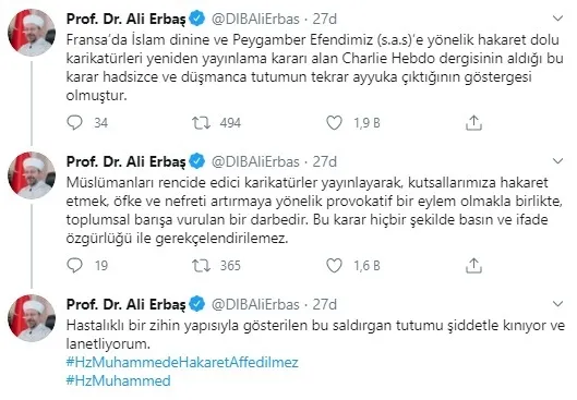 Diyanet İşleri Başkanı Ali Erbaş’tan Charlie Hebdo’ya kınama
