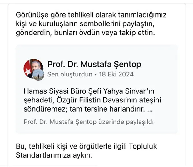 META’dan skandal Yahya Sinvar sansürü! Şentop’un taziye mesajı kaldırıldı